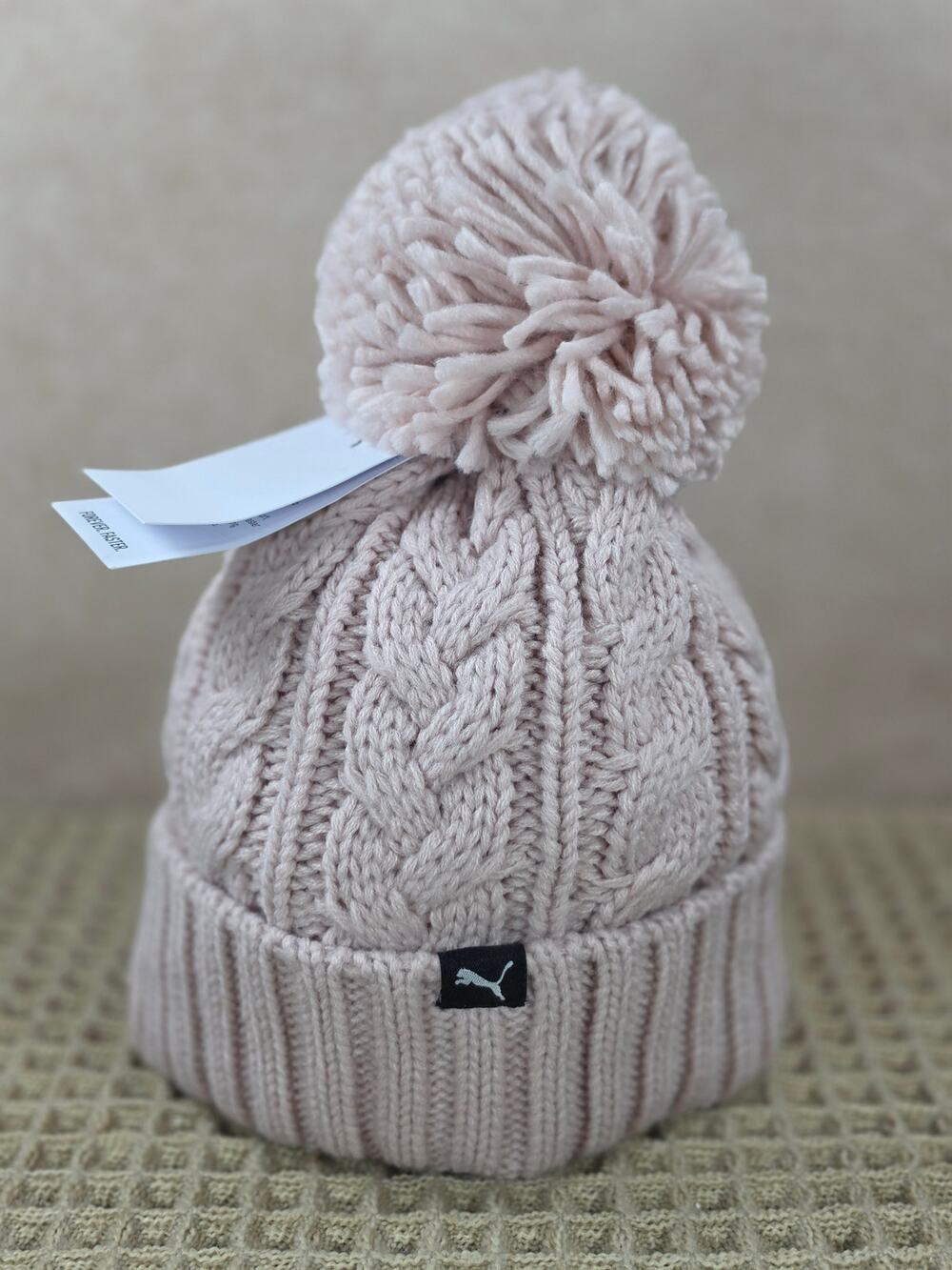 Puma Women’s OSFM Cable‑Knit Pom Beanie PX52190‑BFPDI‑680 Light Pink – NWT